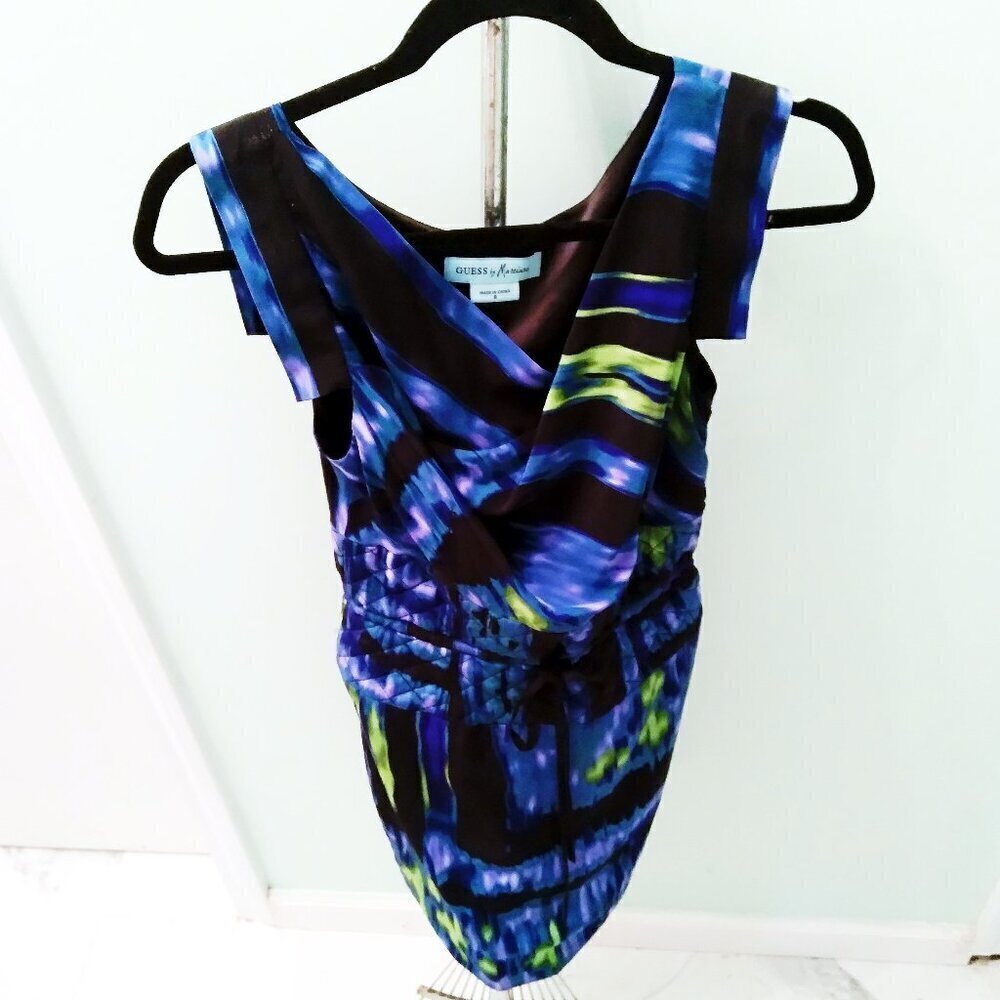 GuessbyMarciano 100% Silk Abstract Deep Sea Colors Figure Flattering  Dress Sz6